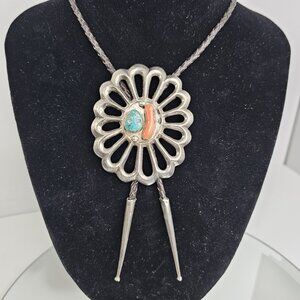 Navajo Turquoise Coral Sterling Silver Casted BOLO Tie Native American LARGE